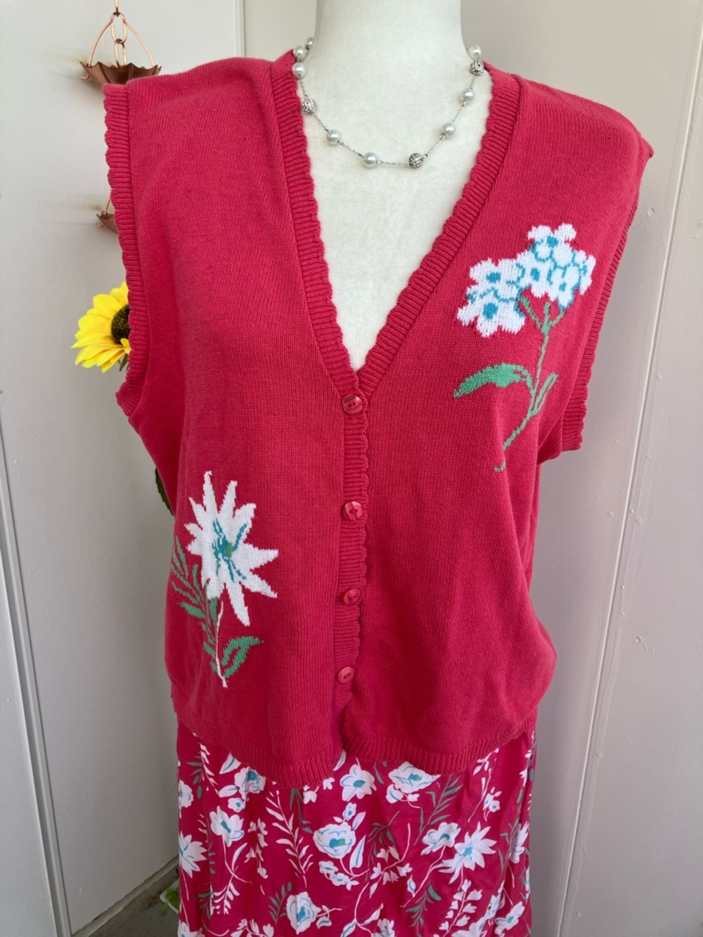 Vintage 90s Pink, Teal, & Blue Two Piece Floral Sweater Vest & Midi Skirt Set - Picture 2 of 11
